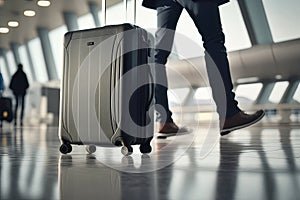 Business traveler with suitcase in airport area