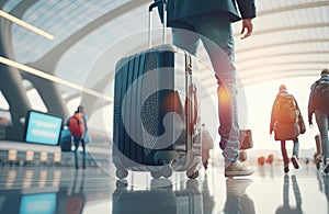 Business traveler with suitcase in airport area