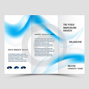 Business tri fold brochure design. Blue corporate business template for tri fold flyer. Layout with modern shaped photo