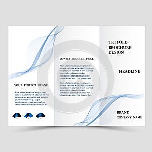 Business tri fold brochure design. Blue corporate business template for tri fold flyer. Layout with modern shaped photo