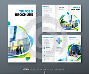 Business tri fold brochure design. Blue green corporate business template for tri fold flyer. Layout with modern square