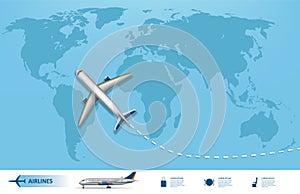 Business trip banner with Airplane and world map background. Realistic Aircraft travel concept. Flight travel world map