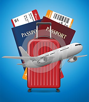 Business trip banner with Passport, tickets, airplane and suitcase on blue background. International Air travel concept