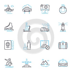 Business trip linear icons set. Travel, Meeting, Conference, Seminar, Teamwork, Nerking, Presentation line vector and