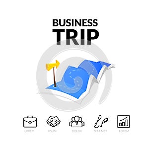 Business trip tour concept logo, long route in travel map with guide marker