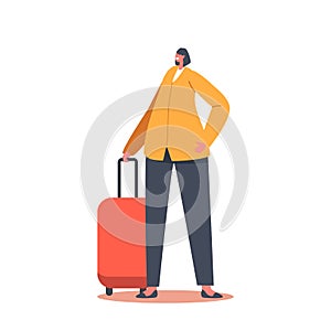 Business Trip, Travel Concept. Woman with Suitcase Wait Registration in Airport. Female Tourist Character with Luggage