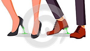 Business Trouble Concept Vector. Feet Stuck. Businessman, Woman Shoe With Chewing Gum. Wrong Step, Decision. Cartoon