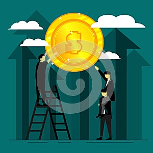 Business try to take money coin. Working teamwork. Job business competition. Overcome and achieve success. Illustration vector