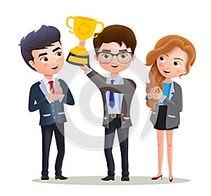 Business vector characters employee promotion. Male business character holding golden cup trophy.