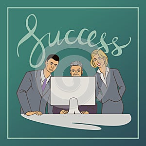 Business vector illustration with ofice people and handwriting word success