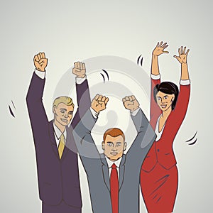 Business vector illustration with ofice people raise hands and happy