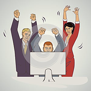 Business vector illustration with ofice people raise hands and happy photo