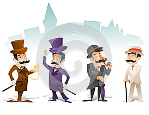 Business Victorian Gentleman Meeting Cartoon Character Icon Set English Great Britain City Background Retro Vintage