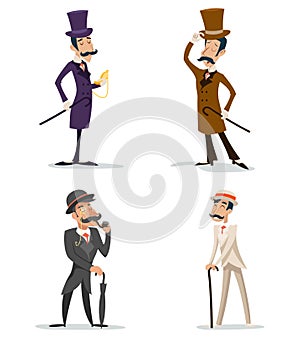 Business Victorian Gentleman Meeting Cartoon Character Icon Set English Great Britain City Background Retro Vintage