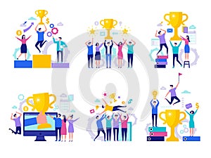 Business victory concept. Successful happy finance managers director winning rewards team with cups vector characters