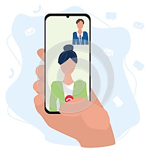 Business video conference in a smartphone. conference call with colleague. flat vector illustration isolated