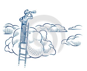 Business vision. Businessman with telescope standing on ladder among clouds. Successful future achievements sketch