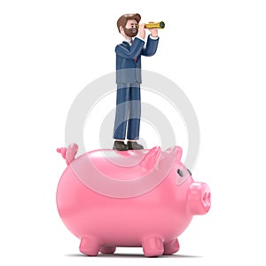 Business vision concept,3D illustration of man standing on giant piggy bank using telescope to look into the financial.