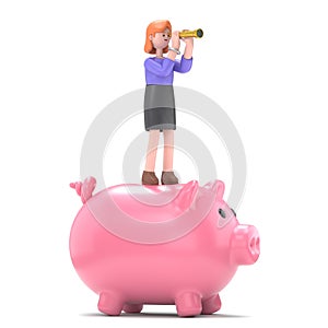 Business vision concept,3D illustration of man standing on giant piggy bank using telescope to look into the financial.