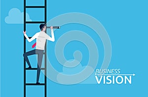 Business vision concept. Businessman standing on the ladder holding telescope looking into a distance