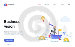 Business vision concept landing page, businessman leader character watching in telescope