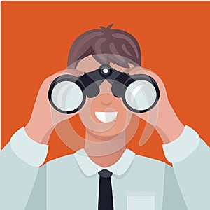 Business vision concept. Man looking through binoculars and see charts