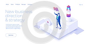 Business vision and mission vector illustration in isometric design. Strategy and corporate goal concept with lighthouse and