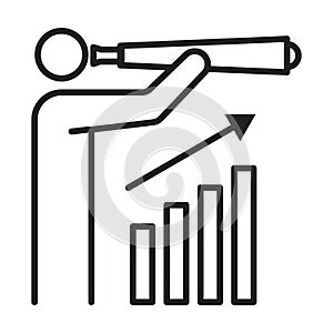 Business vision outline icon vector businessman looking in telescope seeing future and grow graph business and finance concept for