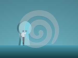 Business vision and solution vector concept with business man looking through keyhole. Symbol of innovation, opportunity