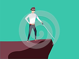 Business vision, strategy, success vector concept with businessman standing on top of rock or mountain above hole