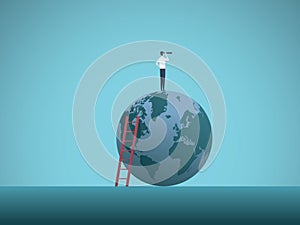 Business vision vector concept with businessman standing on top of the world looking through telescope. Symbol of future