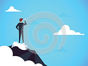 Business vision vector concept with business man standing on top of mountain above clouds. Symbol of new opportunities