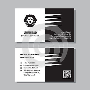 Business visit card template with logo - concept design. Lion head black & white colors branding. Vector illustration.