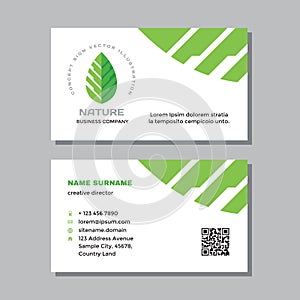 Business visit card template with logo - concept design. Nature green leaf branding. Vector illustration.