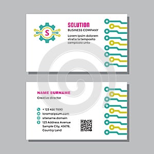 Business visit card template with logo - concept design. Network computer digital technology. Solution letter S sign. Vector illus