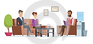 Business waiting room. People at office lobby modern interior sitting tea break reception vector characters photo