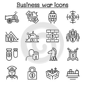 Business war, Trade war, currency war, tariff, economic sanction icon set in thin line style