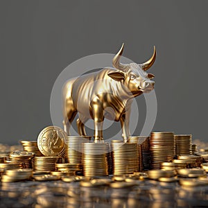 Business wealth 3D rendering of gold bull and coins group