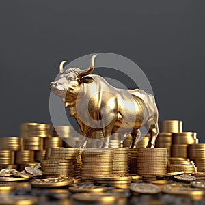 Business wealth 3D rendering of gold bull and coins group