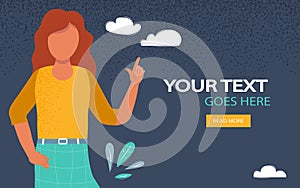 Business web banner with place for text. Young woman pointing index finger up. Handsome character.