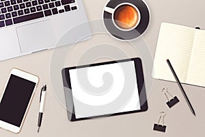 Business website header design with digital tablet, smartphone and laptop computer. View from above