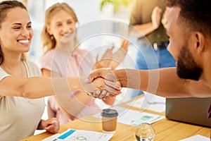 Business welcome handshake, partnership applause and deal, success and agreement collaboration in office team. Hiring