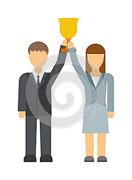 Business winners people group silhouette excited hold hands up raised arms with gold award vector.