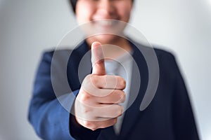 Business Woman Accountant Giving Thumbs Up While Looking at Camera, Close-Up Portrait of Businesswoman Showing Raise Hands and