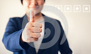 Business Woman Accountant Giving Thumbs Up While Looking at Camera, Close-Up Portrait of Businesswoman Showing Raise Hands and