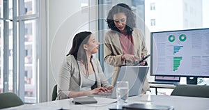 Business woman, analytics and team with tablet for data analysis, statistics or discussion on corporate growth at office