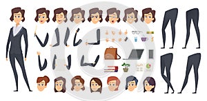 Business woman animation. Creation kit female manager body parts and office tools vector character constructor