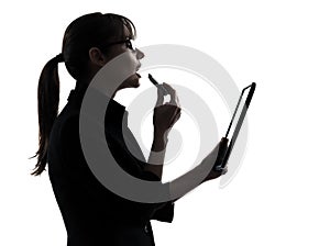 Business woman applying lipstick computer computing digital tab