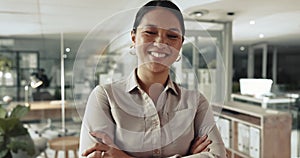 Business woman, arms crossed and happy face of a corporate worker in office ready for manager job. Asian female person