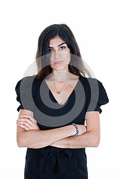 Business woman arms crossed young businesswoman looking at camera with smile while standing against white background arms folded